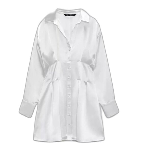 Zara Satin White Long Sleeve Tailored Fit Shirt Dress with Cinched Waist M - Picture 1 of 14